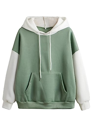 Hilinker Damen Casual Hoodies Farbblock Langarm Kordelzug Pullover Sweatshirt mit Tasche, Grün , M von Hilinker