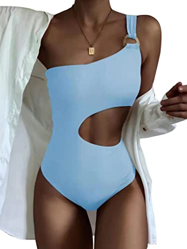 Hilinker Damen Einteiliger Badeanzug One Shoulder Cut Out Bademode Monokini Bauchkontrolle, blau, Small von Hilinker