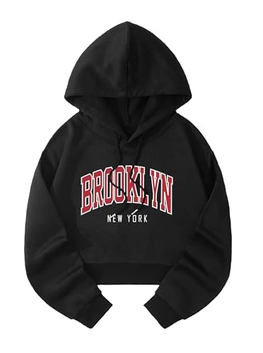 Hilinker Damen-Kapuzenpullover, langärmelig, bauchfrei, mit Kordelzug, Schwarz Rot Brooklyn, M Hilinker Damen-Kapuzenpullover, langärmelig, bauchfrei, mit Kordelzug, Schwarz Rot Brooklyn, M von Hilinker