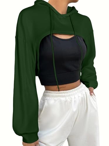 Hilinker Damen Langarm Cropped Hoodie Workout Kordelzug Super Crop Tops ohne Camisole, Dunkelgrün, XL von Hilinker