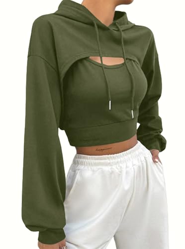 Hilinker Damen Langarm Cropped Hoodie Workout Kordelzug Super Crop Tops ohne Camisole, Grün (Army Green), M von Hilinker