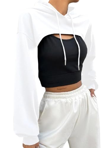 Hilinker Damen Langarm Rundhalsausschnitt Cropped Sweatshirt Kordelzug Workout Hoodie Super Crop Top, Weiss/opulenter Garten, Klein von Hilinker