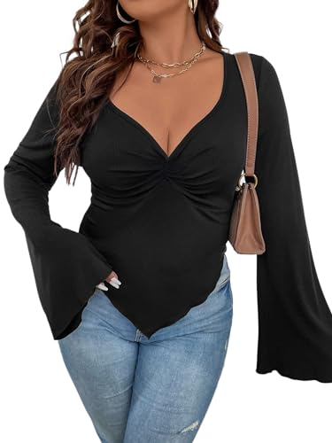 Hilinker Langärmeliges Crop-Top für Damen, Herzausschnitt, asymmetrischer Saum, Schwarz, X-Groß von Hilinker