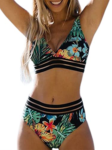 Hilinker Damen Leopard Bikini Badeanzüge V Ausschnitt Hohe Taille 2 Stück Badeanzüge, A Green, Small von Hilinker