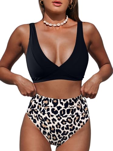 Hilinker Damen Leopard Bikini Badeanzüge V Ausschnitt hohe Taille 2 Stück Badeanzüge, Schwarz Leopard, Large von Hilinker