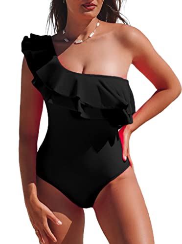 Hilinker Einteiliger Damen-Badeanzug, einschultrig, gerüscht, Monokini, Badeanzug, Schwarz, Large von Hilinker