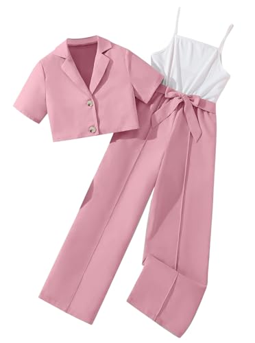 Hilinker Kurzärmeliger Blazer und ärmelloser Jumpsuit mit Gürtel für Mädchen, niedliches 2-teiliges Outfit, rosa / weiß, 9-10 Jahre von Hilinker