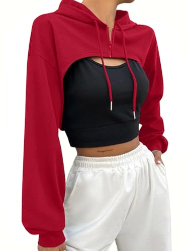 Hilinker Langärmeliger Cropped-Kapuzenpullover für Damen, mit Kordelzug, bauchfreies Oberteil, Rot/Ausflug, einfarbig (Getaway Solids), XL von Hilinker
