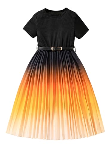 Hilinker Mädchen Kurzarm Plissee Kleid Sommer Gerippt Rundhals Kleider mit Gürtel, Schwarz / Orange Farbverlauf, 11-12 Jahre von Hilinker
