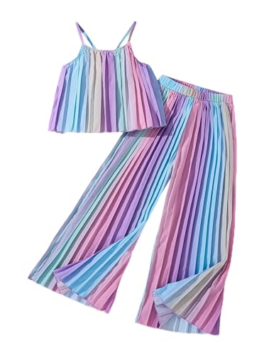 Hilinker Mädchen-Regenbogen-Plissee-Cami-Top und Hose mit weitem Bein, niedliches 2-teiliges Sommer-Outfits, Mehrfarbig Violett, 9-10 Jahre von Hilinker