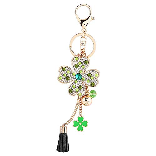 Hilitand 1pc Key Ring Crystal Glück Vier Blätter Clover Keychain mit Quaste Keyring Zubehör für Auto Dekoration oder Tasche Anhänger Glücksbringer(Grün), handgefertigte Materialien von Hilitand