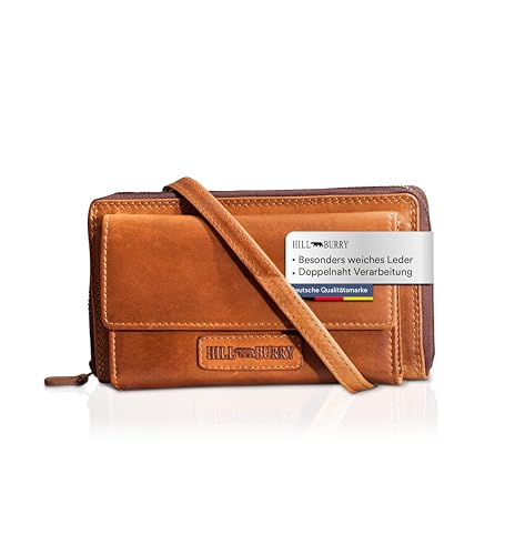 Hill Burry Leder Handy Portemonnaie Saira I Wallet | Umhängetasche | Handy-Geldbörse aus hochwertigem naturgegerbtem Leder | RFID Schutz | B 11cm x H 19cm x T 4cm (Braun) von Hill Burry