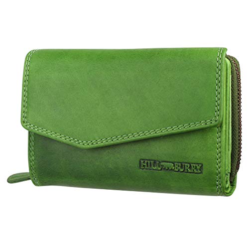 Hill Burry Damen Geldbörse Portemonnaie echt naturgegerbt Leder | Reißverschluss | praktisches Kleingeldfach | Brieftasche | Geldbeutel | Wallet | RFID Schutz Green von Hill Burry