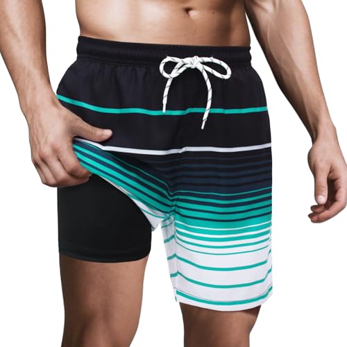 Hill & Sea Badehose Herren Schnelltrocknend Badeshorts 2 in 1 Schwimmhose mit Kompression Innenhose Verstellbare Tunnelzug Gestreift HEI LAN Bai - XXL von Hill & Sea