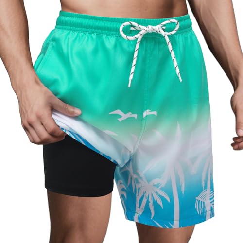 Hill & Sea Badehose Herren Schnelltrocknend Badeshorts 2 in 1 Schwimmhose mit Kompression Innenhose Verstellbare Tunnelzug Grün Weiß Blau - L von Hill & Sea