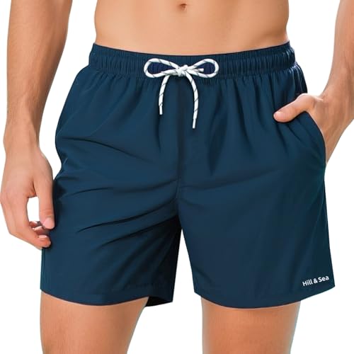 Hill & Sea Badehose Herren Schnelltrocknend Boardshorts für Männer Atmungsaktiv Wasserabweisend Badeshorts mit Mesh-Futter Taschen und Verstellbarem Tunnelzug Marineblau - M von Hill & Sea