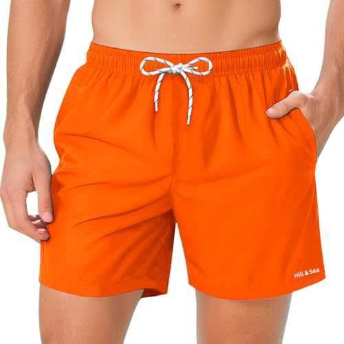 Hill & Sea Badehose Herren Schnelltrocknend Boardshorts für Männer Atmungsaktiv Wasserabweisend Badeshorts mit Mesh-Futter Taschen und Verstellbarem Tunnelzug Orange - XL von Hill & Sea
