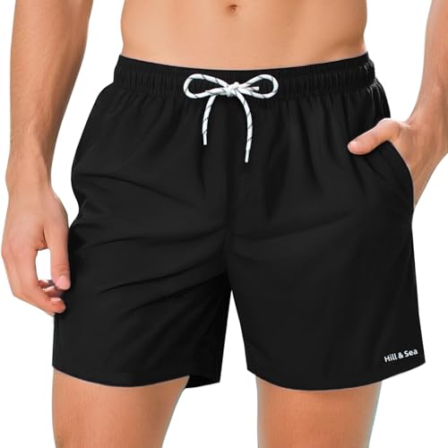 Hill & Sea Badehose Herren Schnelltrocknend Boardshorts für Männer Atmungsaktiv Wasserabweisend Badeshorts mit Mesh-Futter Taschen und Verstellbarem Tunnelzug Schwarz - S von Hill & Sea