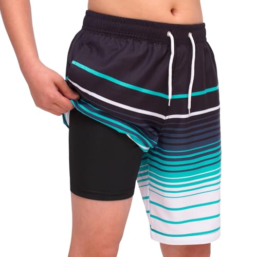 Hill & Sea Badehose Jungen Badeshorts Kinder Schnelltrocknend Boardshorts 2 in 1 Schwimmhose mit Kompression Innenhose Verstellbare Tunnelzug Gestreift Schwarz Blau Weiß 176 von Hill & Sea