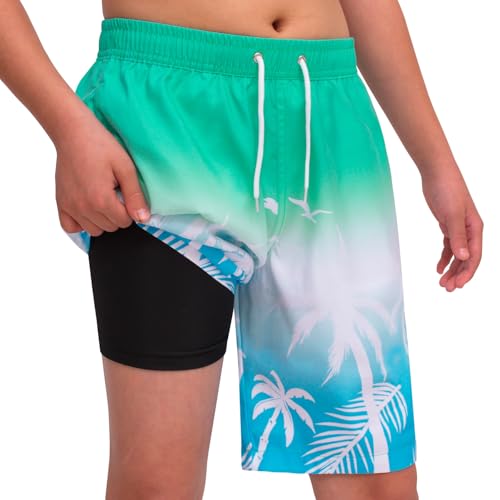 Hill & Sea Badehose Jungen Badeshorts Kinder Schnelltrocknend Boardshorts 2 in 1 Schwimmhose mit Kompression Innenhose Verstellbare Tunnelzug Grün Weiß Blau Kokosnussbaum 140 von Hill & Sea