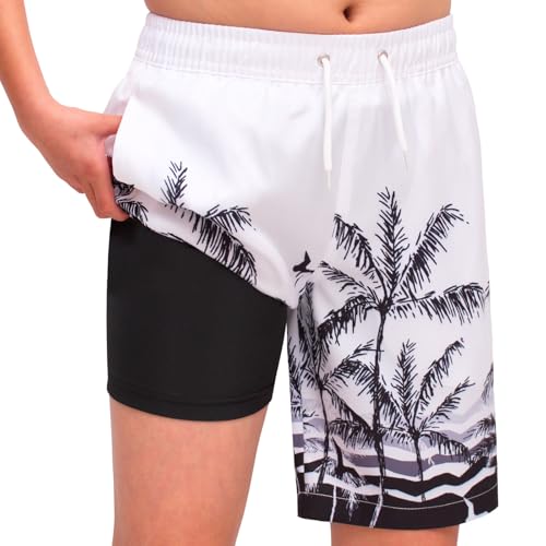 Hill & Sea Badehose Jungen Badeshorts Kinder Schnelltrocknend Boardshorts 2 in 1 Schwimmhose mit Kompression Innenhose Verstellbare Tunnelzug Schwarz Weiß Baum 164 von Hill & Sea