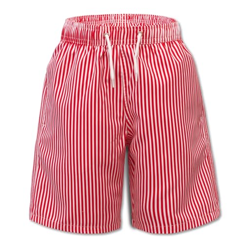 Hill & Sea Badehose Jungen Schnelltrocknend Boardshorts Atmungsaktiv Wasserabweisend Badeshorts mit Mesh-Futter Taschen und Verstellbarem Tunnelzug Gestreift Red Weiß 164 von Hill & Sea