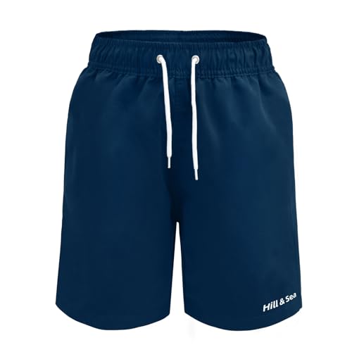 Hill & Sea Badehose Jungen Schnelltrocknend Boardshorts Atmungsaktiv Wasserabweisend Badeshorts mit Mesh-Futter Taschen und Verstellbarem Tunnelzug Marineblau 164 von Hill & Sea
