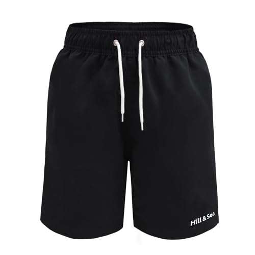 Hill & Sea Badehose Jungen Schnelltrocknend Boardshorts Atmungsaktiv Wasserabweisend Badeshorts mit Mesh-Futter Taschen und Verstellbarem Tunnelzug Schwarz 140 von Hill & Sea