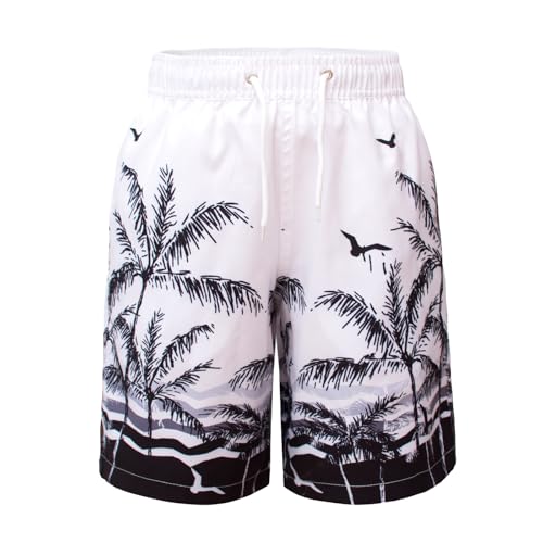 Hill & Sea Badehose Jungen Schnelltrocknend Boardshorts Atmungsaktiv Wasserabweisend Badeshorts mit Mesh-Futter Taschen und Verstellbarem Tunnelzug Weiß Schwarz Baum 164 von Hill & Sea
