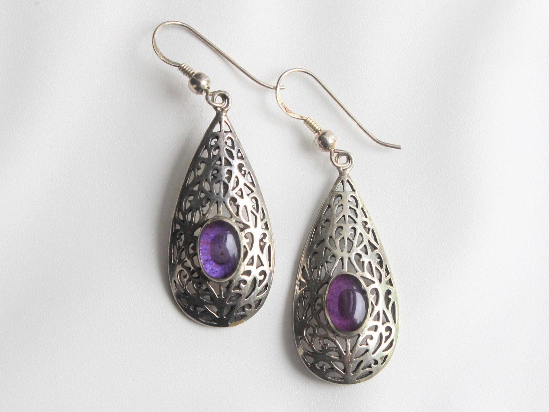 Amethyst Filigran Längliche Tropfen 925 Silber Ohrringe French Hooks von HillChapelSilver