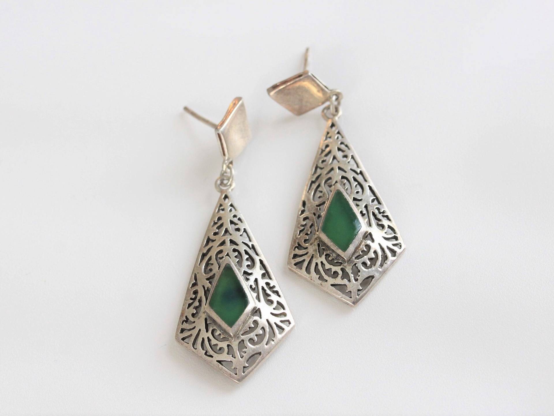Grüner Onyx Filigran Drachen Tropfen Sterling Silber Ohrringe Grüner Onyx Filigran Drachen Tropfen Sterling Silber Ohrringe von HillChapelSilver