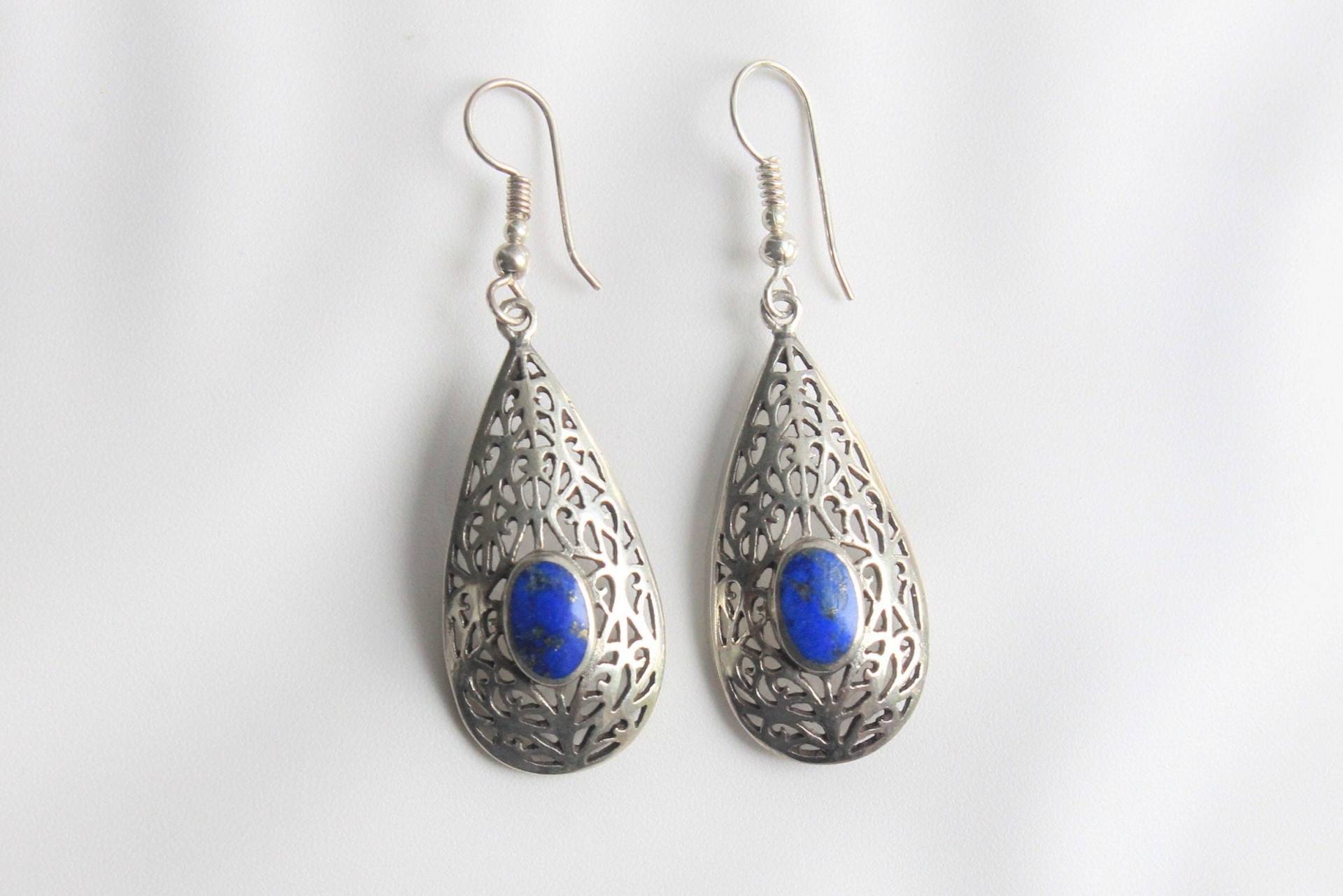 Lapis Filigran Längliche Tropfen Sterling Silber Ohrringe French Hooks von HillChapelSilver