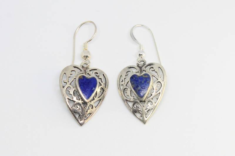 Lapislazuli Filigran Herz Tropfen Silber Ohrringe French Hooks von HillChapelSilver