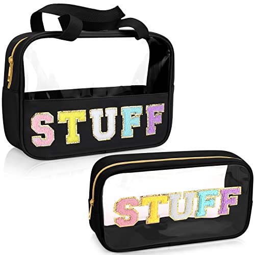 2 Stück Stuff Bag Chenille Brief Clear Makeup Taschen Reise Toilettenartikel Aufbewahrung Preppy Patch Make-up Tasche mit Reißverschluss Transparent PVC Nylon Wasserdicht Tragbare Kosmetiktaschen für von Hillban