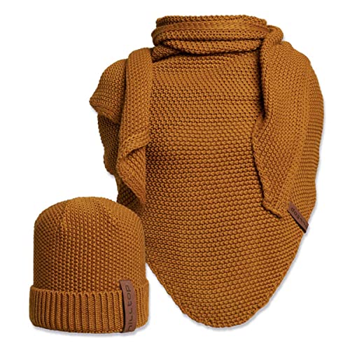 Hilltop 2-teiliges Unisex Winterset, Damen Mütze und Schal, Herren Mütze mit Strickschal, XXL Dreiecksschal mit Strickmütze, Geschenk für Frauen und Männer, Farbe:Curry von Hilltop