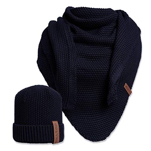 Hilltop 2-teiliges Unisex Winterset, Damen Mütze und Schal, Herren Mütze mit Strickschal, XXL Dreiecksschal mit Strickmütze, Geschenk für Frauen und Männer, Farbe:Dark Blue von Hilltop