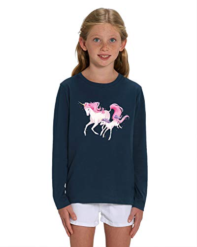 Hilltop Hochwertiges Kinder Mädchen Langarm T-Shirt aus 100% Bio Baumwolle mit wunderschönem Einhorn Motiv, Premium Kinder Tshirt für Freizeit und Sport, Size:110/116, Color:French Navy von Hilltop