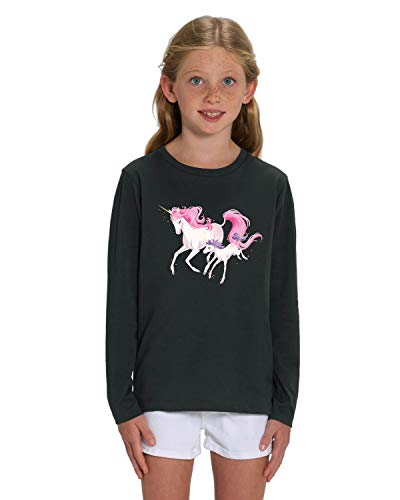 Hilltop Hochwertiges Kinder Mädchen Langarm T-Shirt aus 100% Bio Baumwolle mit wunderschönem Einhorn Motiv, Premium Kinder Tshirt für Freizeit und Sport, Size:122/128, Color:Black von Hilltop