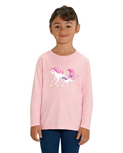 Hilltop Hochwertiges Kinder Mädchen Langarm T-Shirt aus 100% Bio Baumwolle mit wunderschönem Einhorn Motiv, Premium Kinder Tshirt für Freizeit und Sport, Size:134/146, Color:Cotton Pink von Hilltop