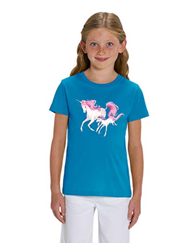 Hilltop Hochwertiges Kinder Mädchen T-Shirt aus 100% Bio Baumwolle mit wunderschönem Einhorn Motiv, Premium Kinder Tshirt für Freizeit und Sport, Size:110/116, Color:Azur Blau von Hilltop