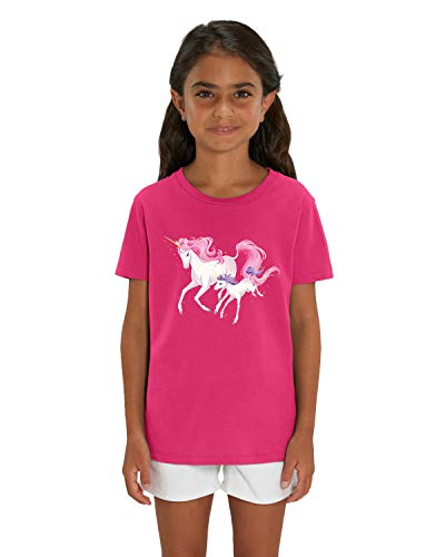 Hilltop Hochwertiges Kinder Mädchen T-Shirt aus 100% Bio Baumwolle mit wunderschönem Einhorn Motiv, Premium Kinder Tshirt für Freizeit und Sport, Size:110/116, Color:Raspberry von Hilltop
