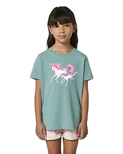 Hilltop Hochwertiges Kinder Mädchen T-Shirt aus 100% Bio Baumwolle mit wunderschönem Einhorn Motiv, Premium Kinder Tshirt für Freizeit und Sport, Size:110/116, Color:Teal Monstera von Hilltop