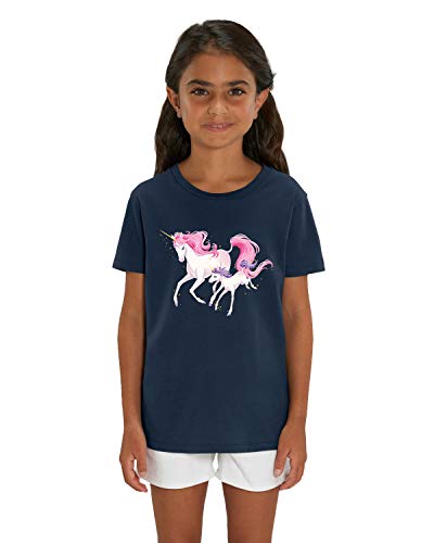Hilltop Hochwertiges Kinder Mädchen T-Shirt aus 100% Bio Baumwolle mit wunderschönem Einhorn Motiv, Premium Kinder Tshirt für Freizeit und Sport, Size:122/128, Color:French Navy von Hilltop