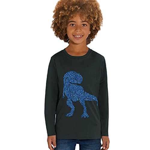 Hilltop Kinder Langarmshirt aus Biobaumwolle mit Dinosaurier Glitzer Motiv, Size:110/116, Dino:Black-Dino Blue von Hilltop