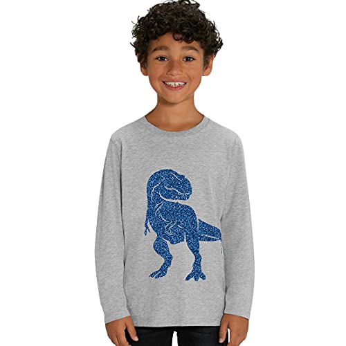 Hilltop Kinder Langarmshirt aus Biobaumwolle mit Dinosaurier Glitzer Motiv, Size:110/116, Dino:Grey-Dino Blue von Hilltop