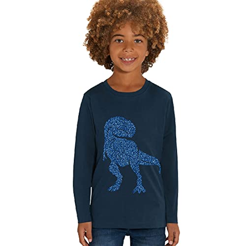 Hilltop Kinder Langarmshirt aus Biobaumwolle mit Dinosaurier Glitzer Motiv, Size:110/116, Dino:Navy-Dino Blue von Hilltop