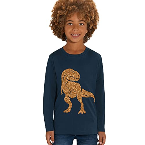 Hilltop Kinder Langarmshirt aus Biobaumwolle mit Dinosaurier Glitzer Motiv, Size:110/116, Dino:Navy-Dino Gold von Hilltop