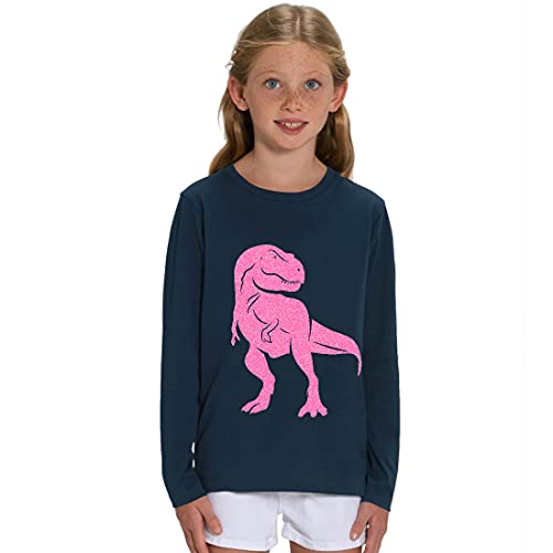 Hilltop Kinder Langarmshirt aus Biobaumwolle mit Dinosaurier Glitzer Motiv, Size:110/116, Dino:Navy-Dino Neon Rosa von Hilltop