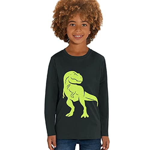 Hilltop Kinder Langarmshirt aus Biobaumwolle mit Dinosaurier Glitzer Motiv, Size:122/128, Dino:Black-Dino Neon Yellow von Hilltop