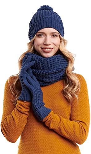 Hilltop Winter Kombi Set aus Loop-Schal, passender Strickmütze und Handschuhe, 3-teilig, Geschenk für Frauen, Farbe:Jeans von Hilltop